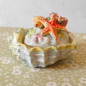 Vintage Ceramic Conch Shell Lidded Dish - Tropical Seashell Trinket Box Coastal